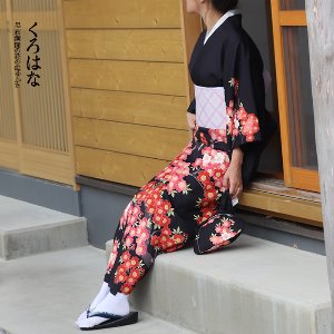 쿠로하나 유카타 4set [일본 전통의상 검정 꽃 기모노 yukata]