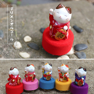 냥코 치리멘 기모노 오르골 [일본 출고 마네키네코 고양이 복고양이 도자기 인형 금전운] - 2차재입고
